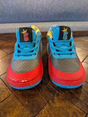 Nike Toddler Kyrie 5 Leather Sneakers in Red, Blue & Yellow with Crown K Logo 9c
